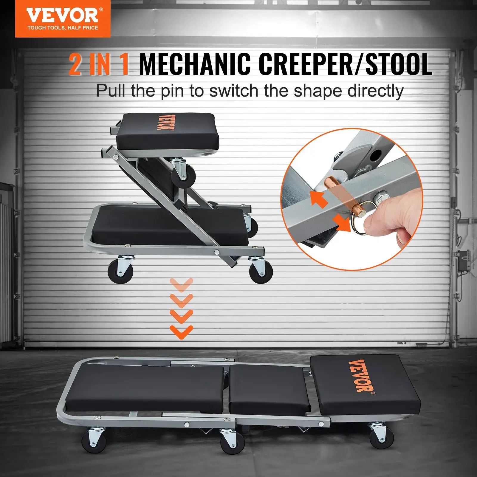 Z-Creeper Seat, Summervibes,Summervibes, 2 in 1 Rolling Folding Car Creeper/Stool, 300 lbs Capacity Mechanic Creeper, Low Profile Creeper with 6 pcs Wheels for Garage, Shop, Auto Repair, Lay Down or Sit, Black