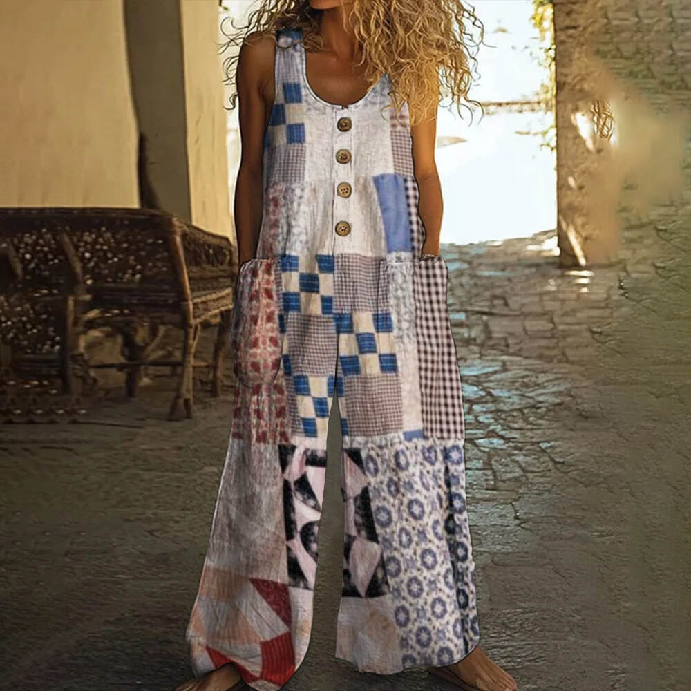 Vintage Square Patchwork Boho Art Women's Linen Wide Leg Jumpsuit