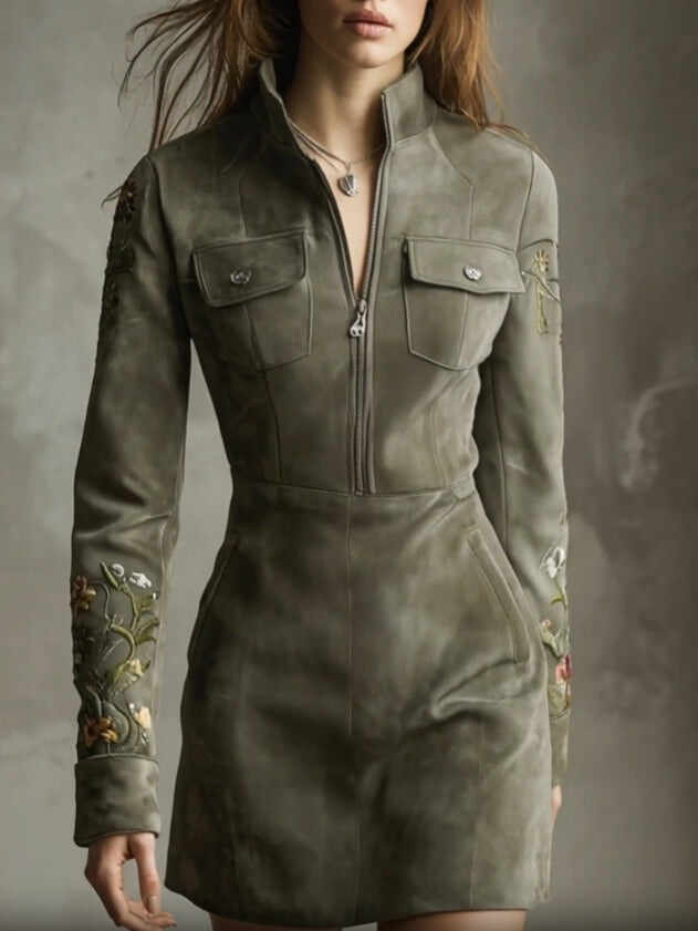 Green Embroidered Faux Suede Half-zip Mini Dress