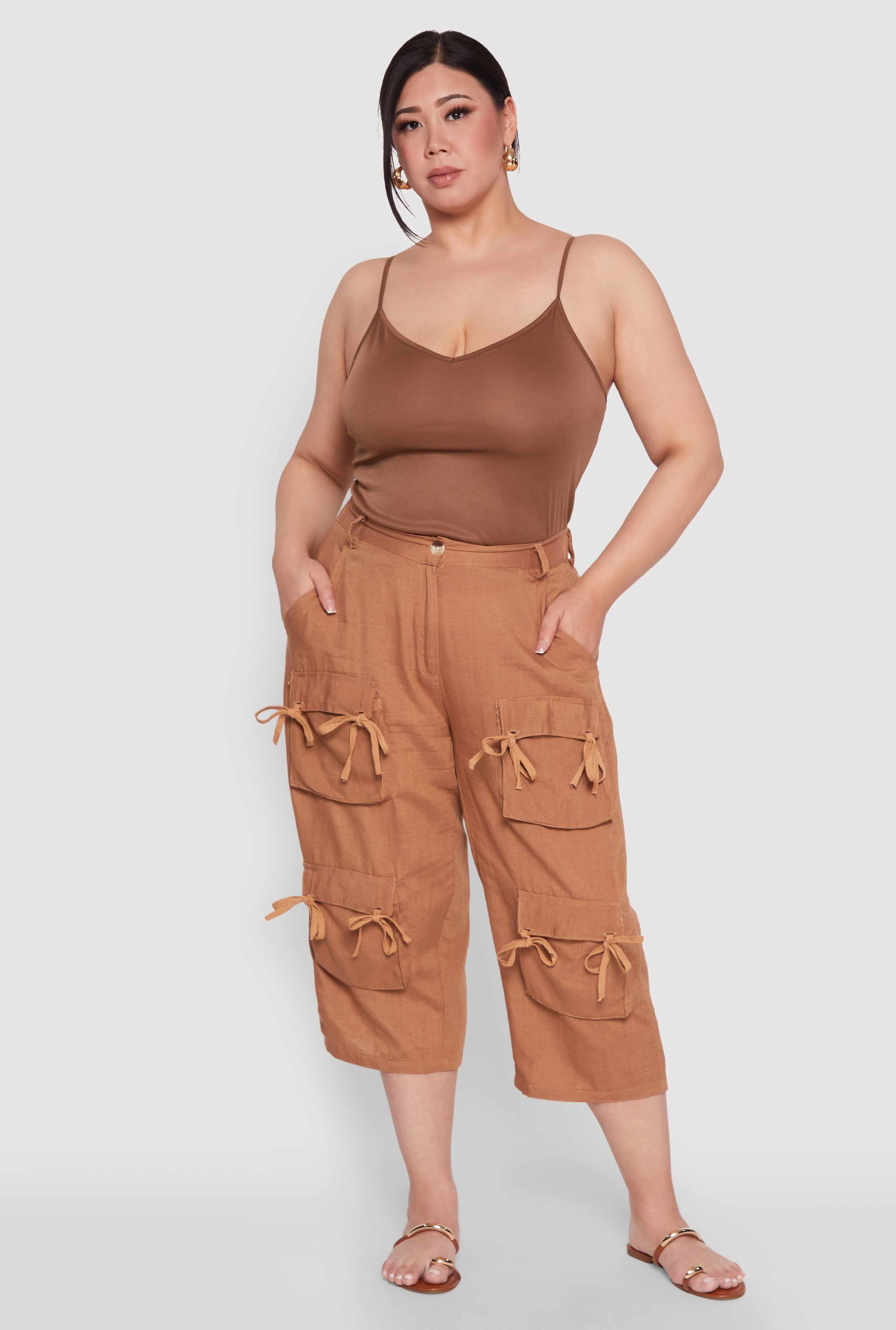 Plus Size Tie Cargo Pocket Capri Pants