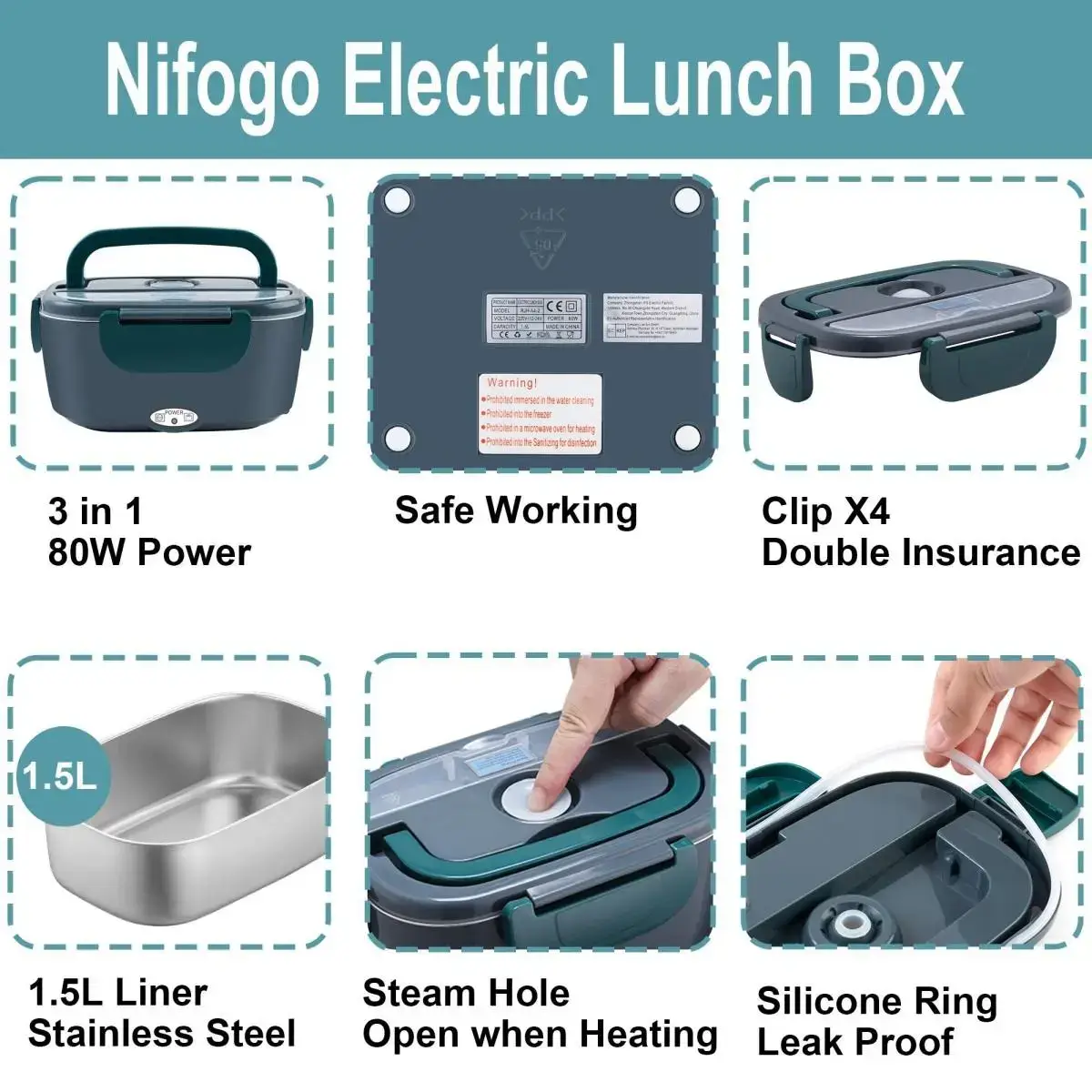 80W Electric Lunch Box Leakproof Design 1.5L 1.8L Car Portable Food Heater With Cutlery Bag For Office Workers Students