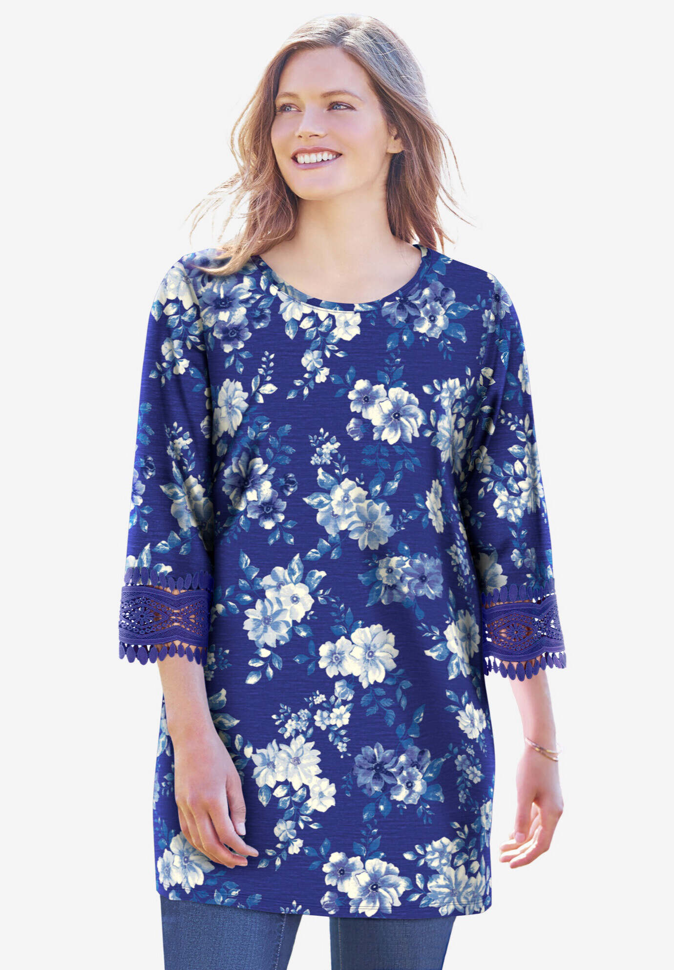 Crochet-Trim Three-Quarter Sleeve Tunic