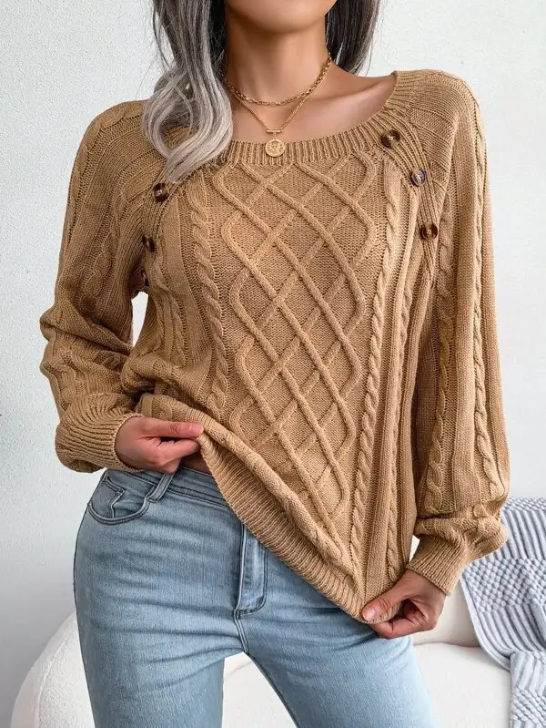 Cable Knit Button Detail Raglan Sleeve Sweater