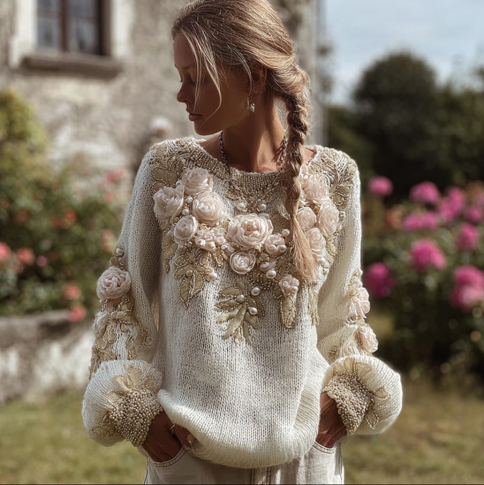 Bohemian Style Three-dimensional Pink Flower Knitted Pattern Women's V-neck Long-sleeve Knitted Sweater