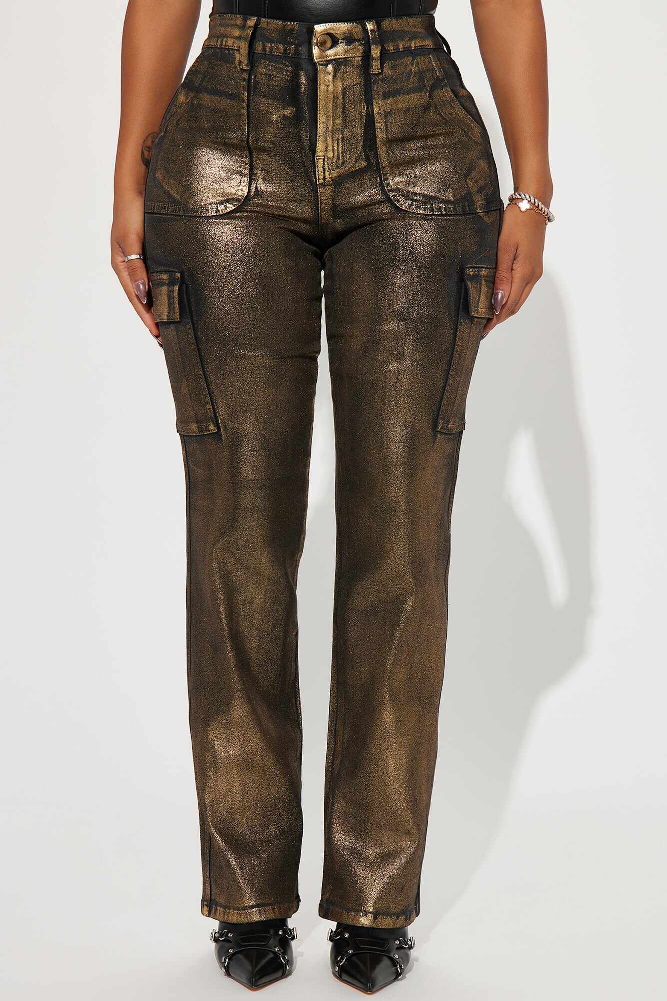Struck Gold Foil Cargo Jeans - Black/Gold