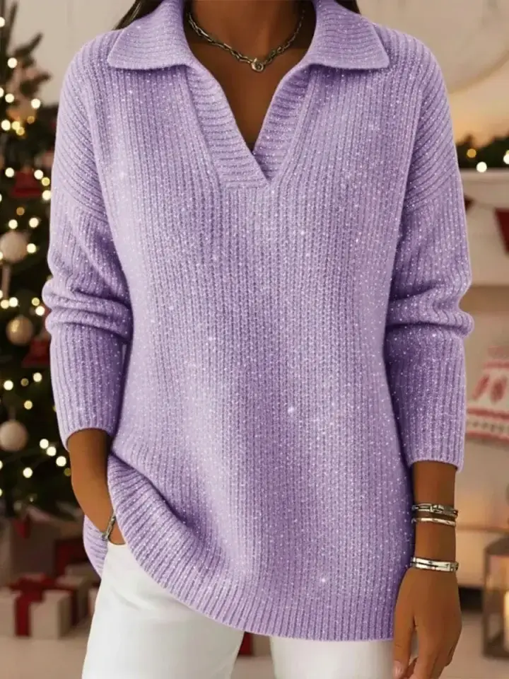 🔥Summer Arrivals🌟Christmas Party Polo Collar Shiny Loose Sweater Top