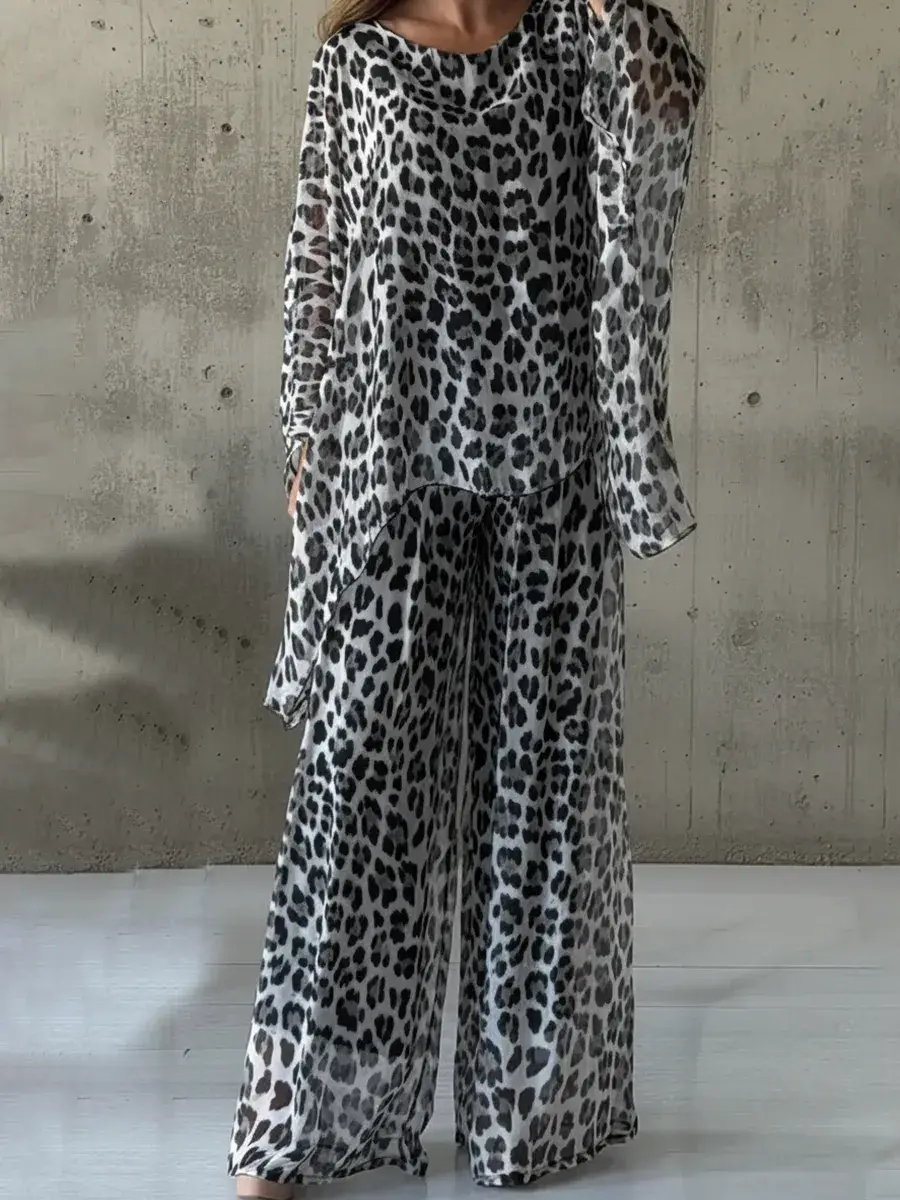 Elegant Leopard Print Top And Pants Two-piece Set