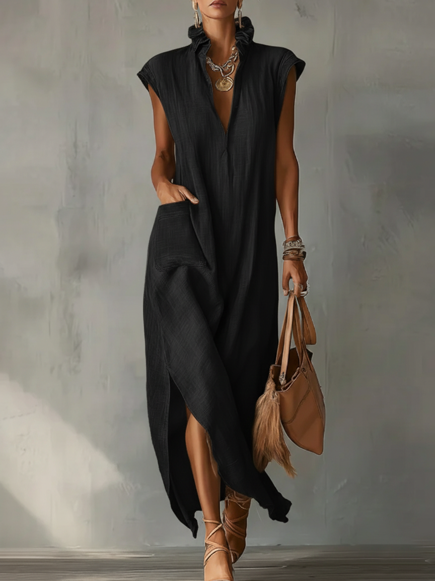 🔥Summer Arrivals🌟Women’s Ruffle Collar Cotton Linen Midi Dress – Elegant Summer Dress