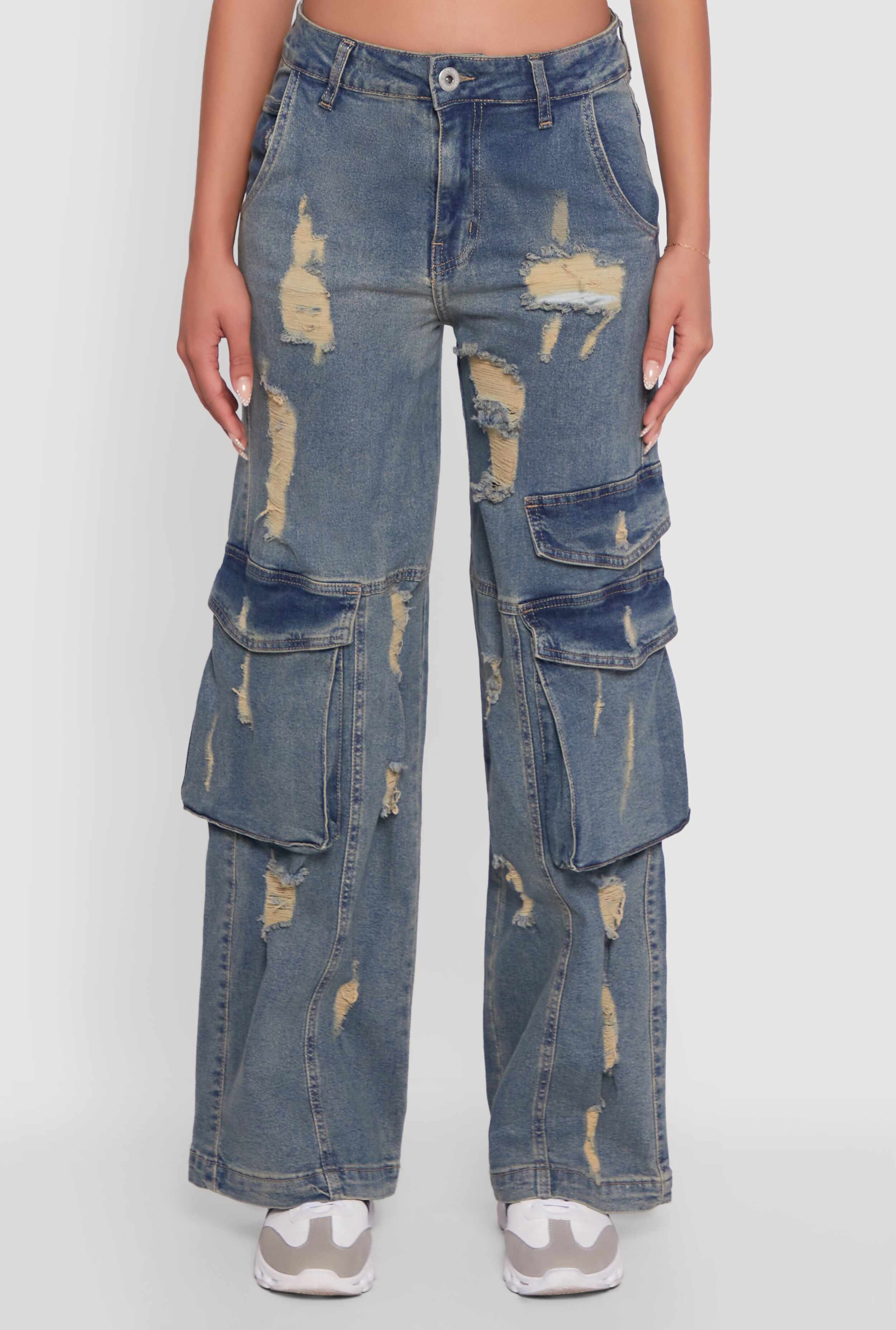 Mineral Wash Distressed Frayed Wide Leg Utility Jeans