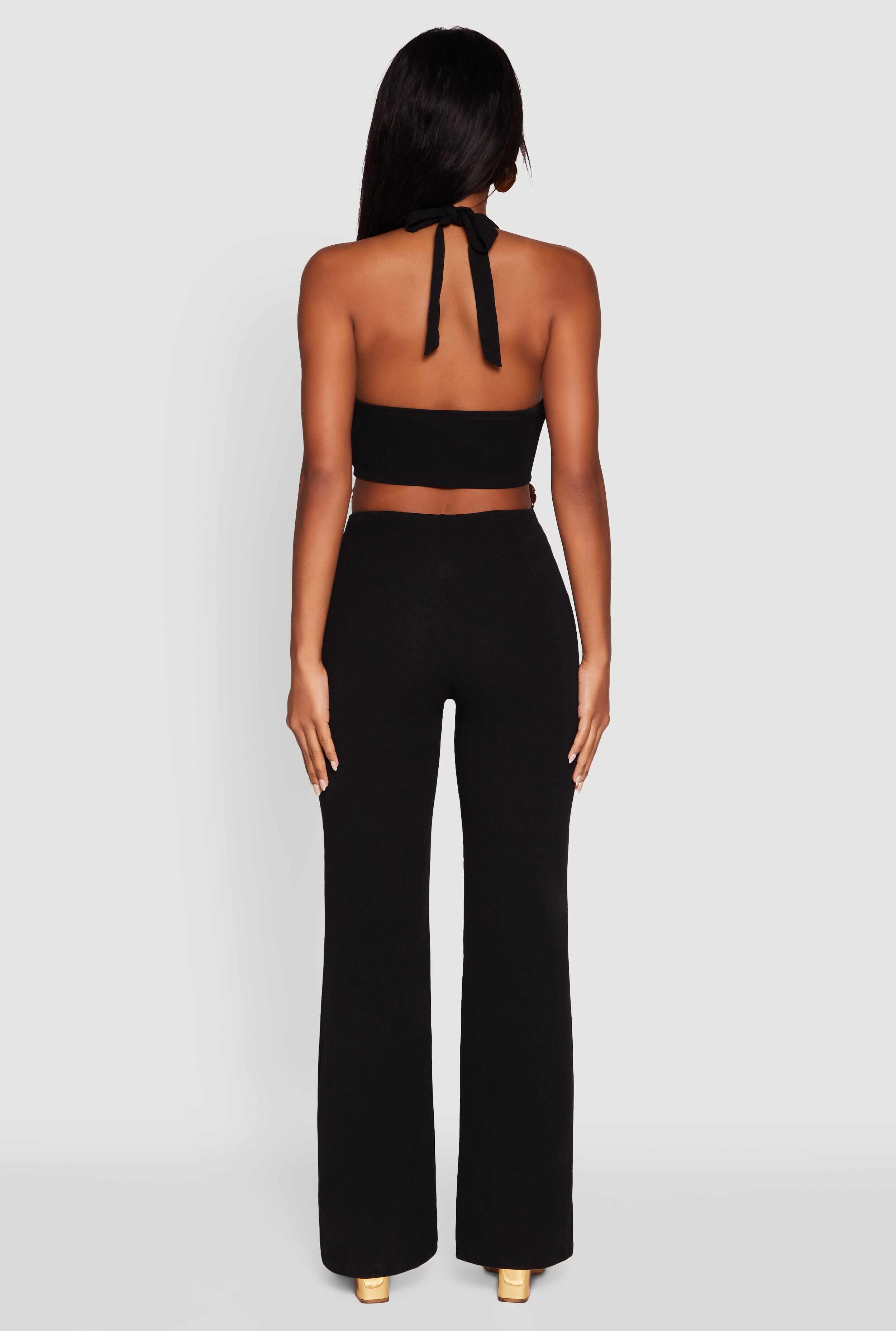 Metallic Detail Plunge Tie Back Halter Jumpsuit