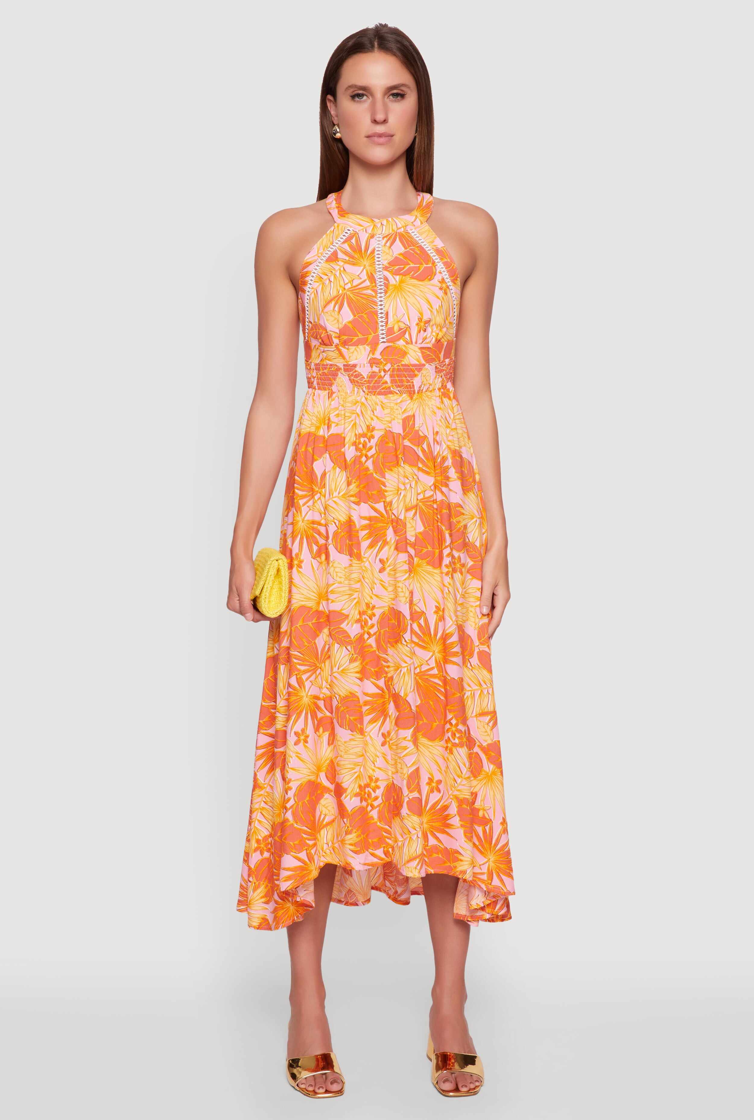 Iris Leaf Print Halter Dress with Crochet and Smocked Details