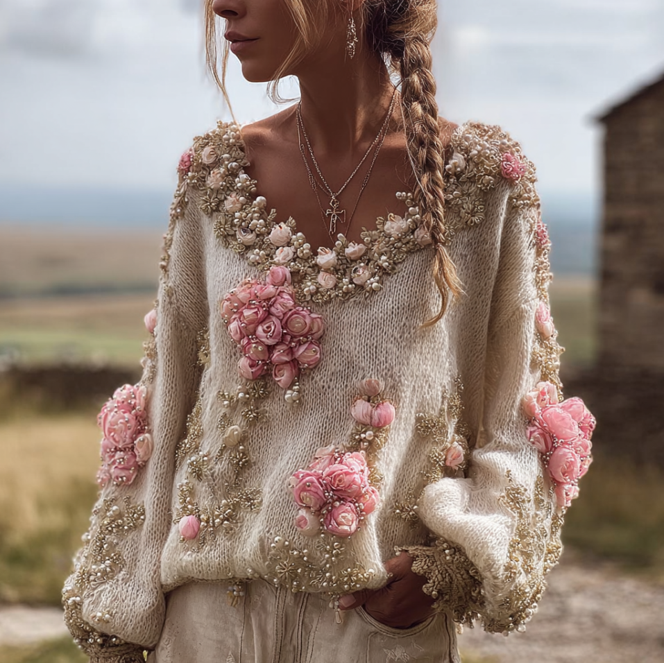 Women's Bohemian Style Round Neck 3d Pink Flower Embroidery Long Sleeve Knitted Sweater