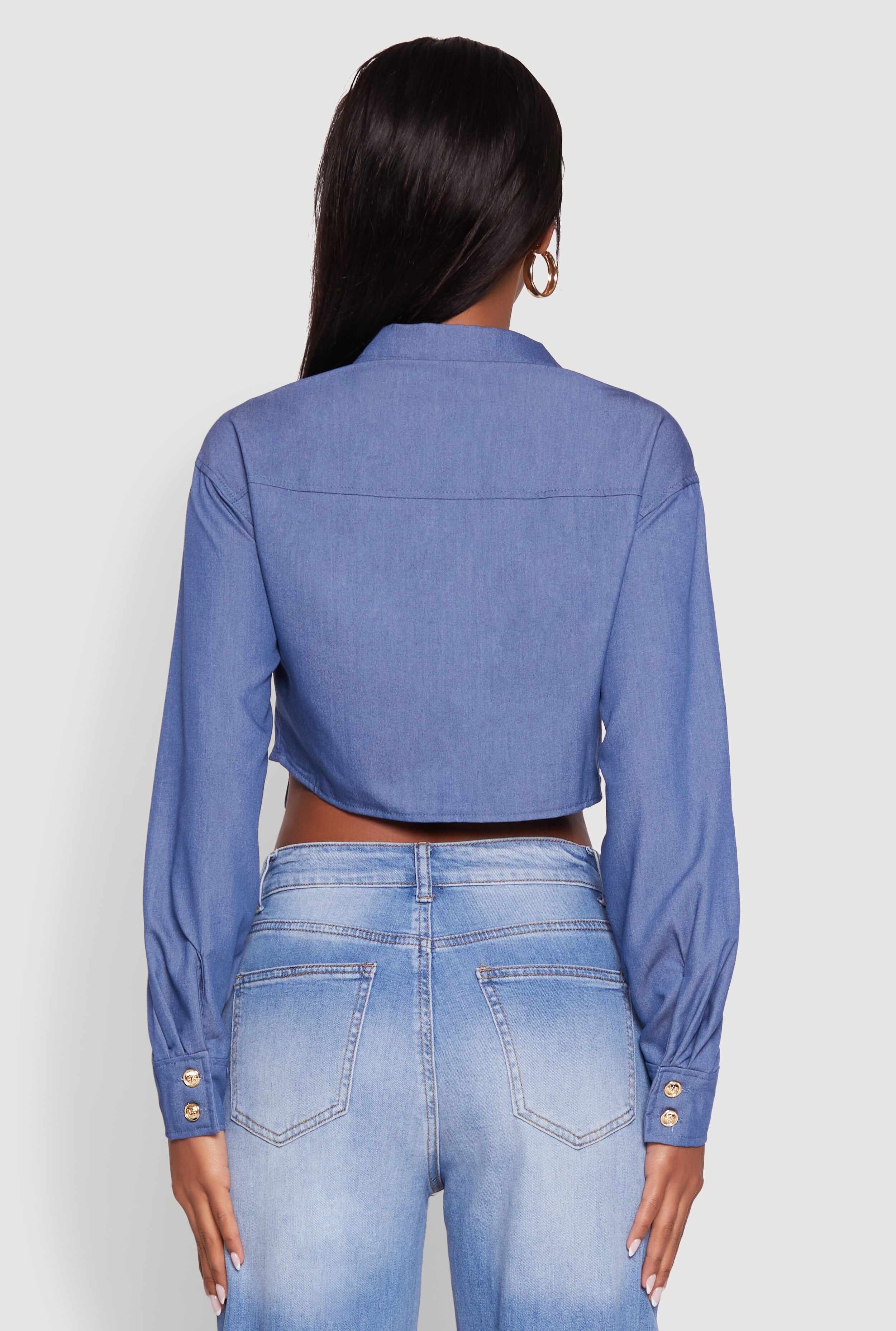 Classic Fit Long Sleeve Cropped Shirt with Flap Pocket