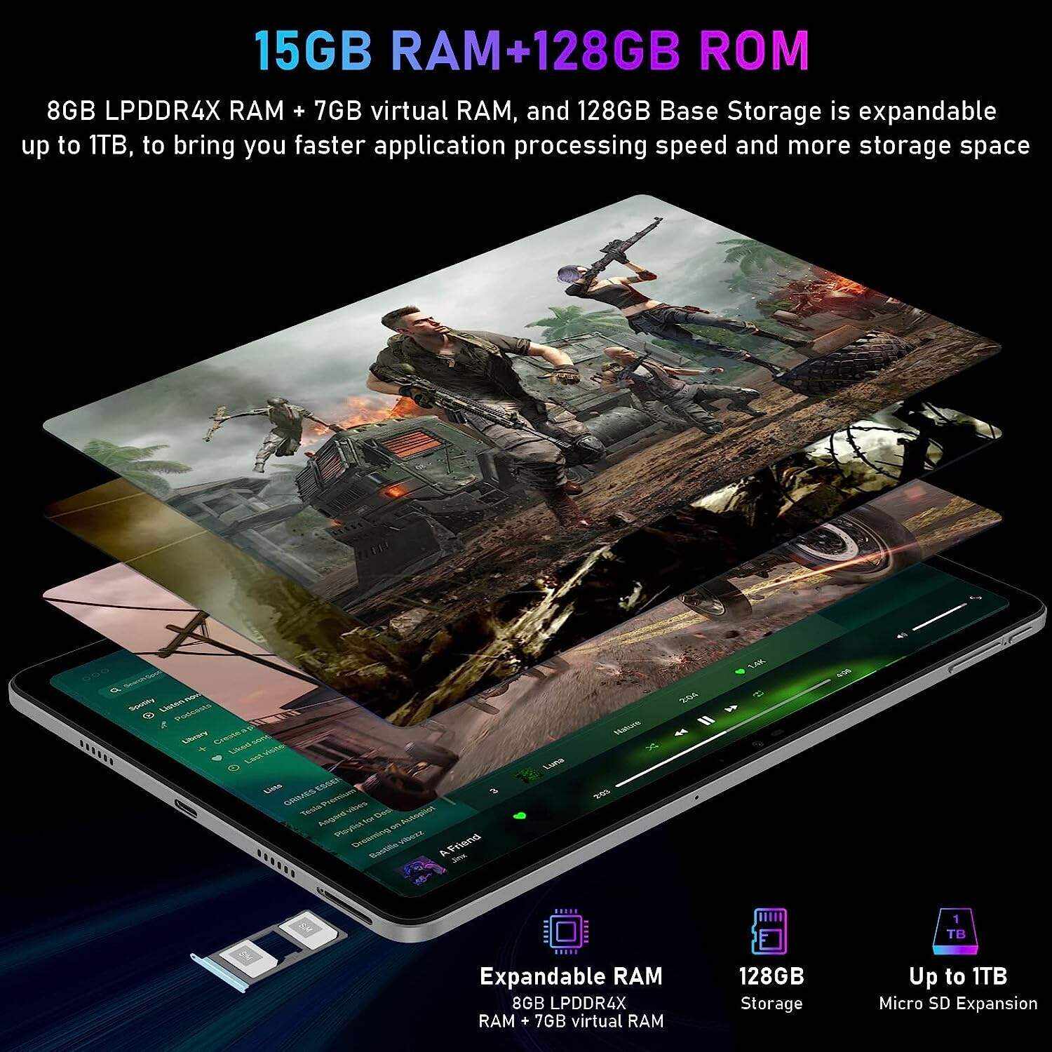 T10 Android Tablet 2K HD 10.1 inch, 15GB RAM 128GB ROM(TF 1TB), Octa-Core Android 12 OS, Battery 8300mAh, 2.4/5G WiFi&Bluetooth 5.0, 13MP+8MP Camera, TÜV Low Bluelight Tablet for Kids (Silvery)
