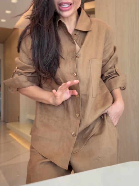 Brown long-sleeved shirt and trousers suit