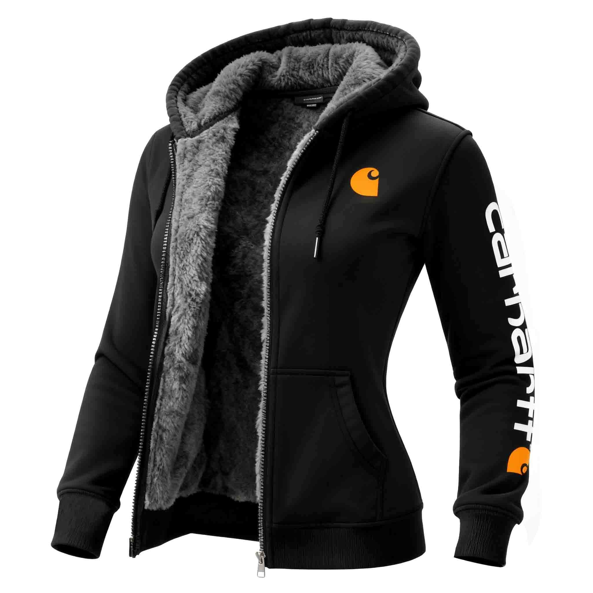 Women's Vintage Fleece Pocket Full Zip Long Sleeve Hoodie Jacket-Black