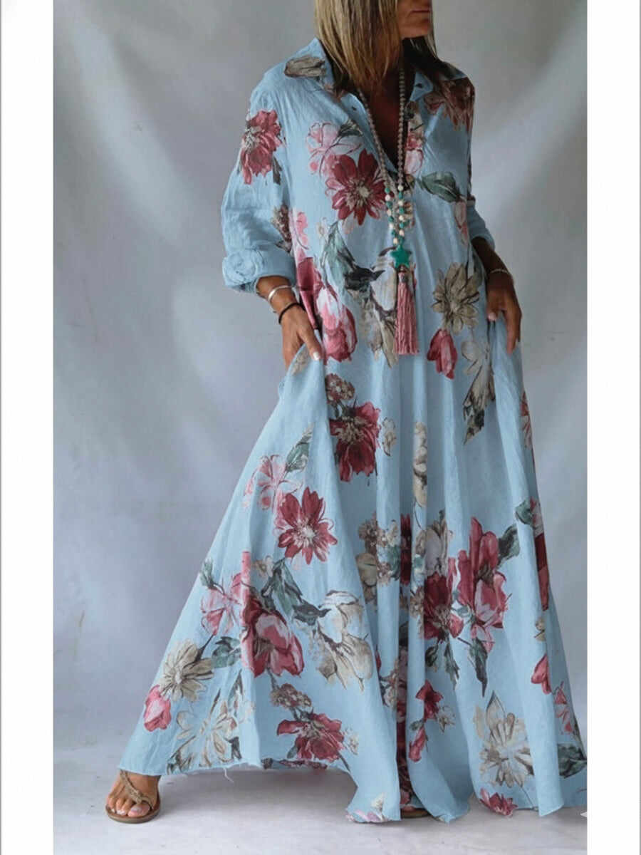 🔥Summer Arrivals🌟Loose-fitting Casual Linen And Cotton Floral Print Shirt Dress