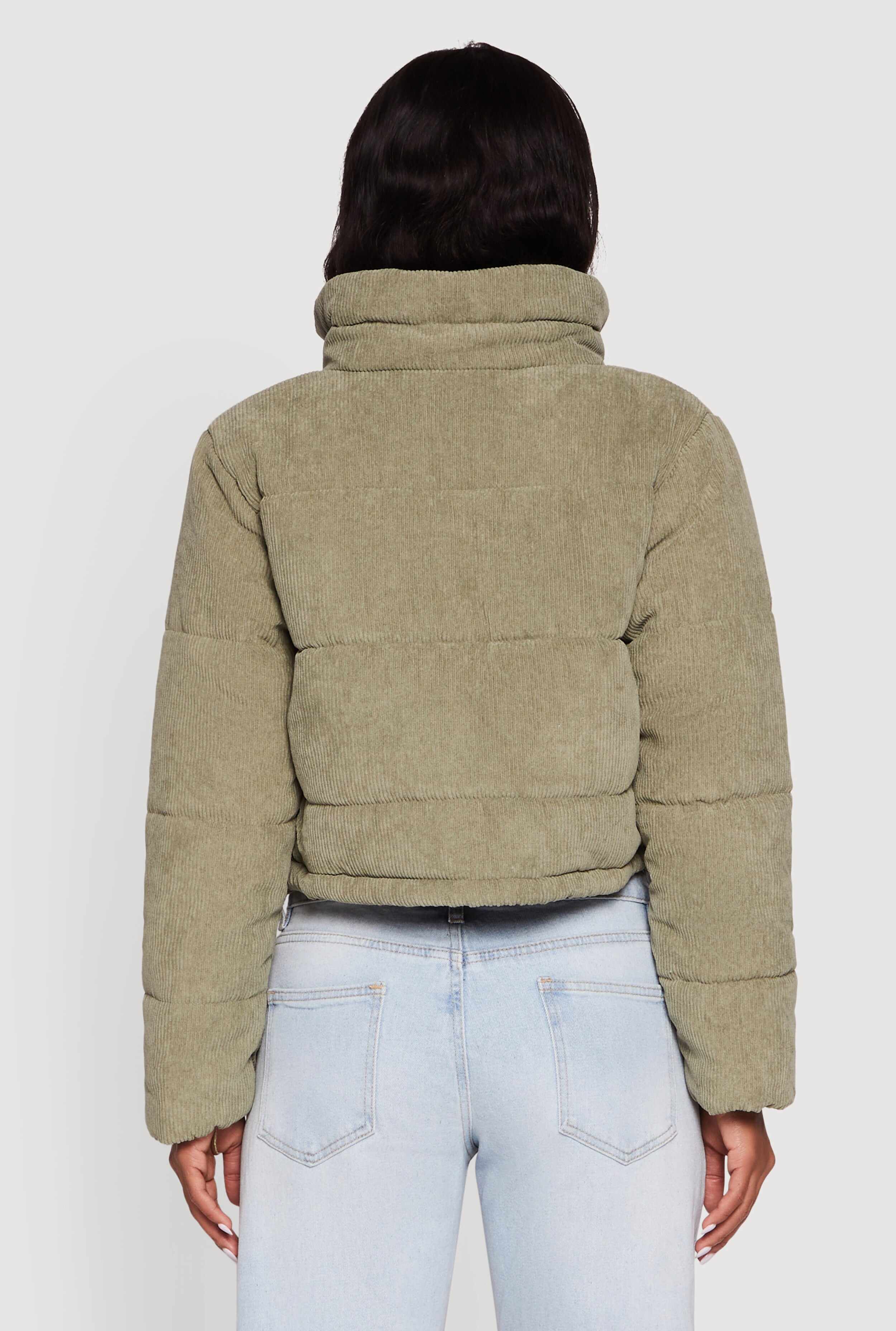 Mock Neck Zip Front Corduroy Puffer Jacket