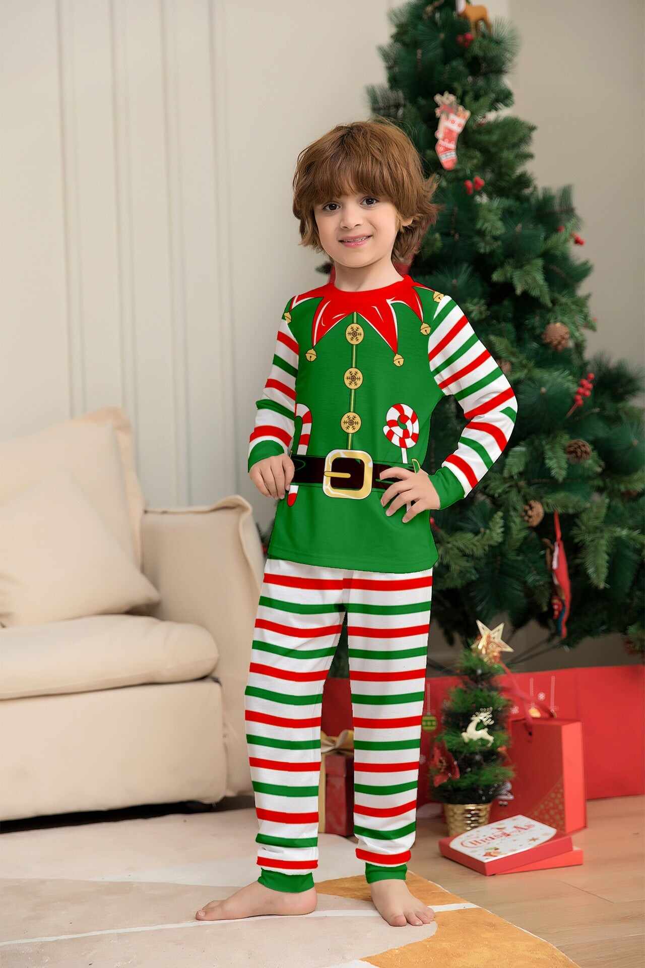 2024 3D Print Christmas Family Pajamas Red Green Striped Crutch Xmas Pajamas