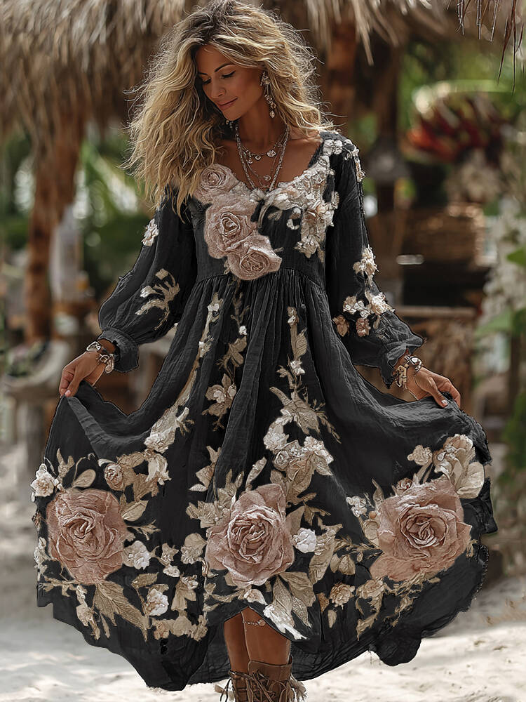 Women's Vintage Romantic White Rose Embroidery Art Comfy Linen Maxi Dress