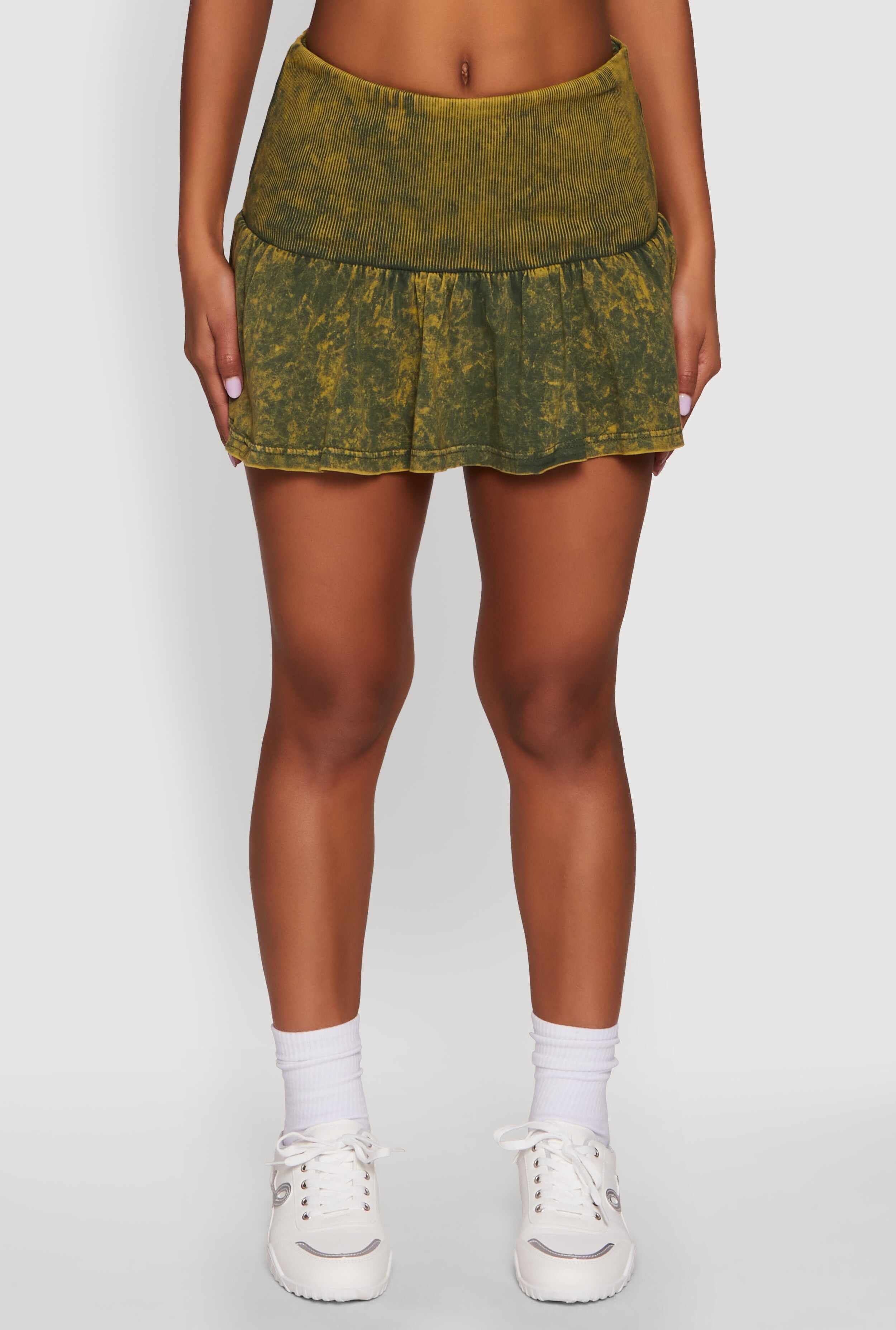 Trendy Acid Wash Ribbed Knit High Waisted Mini Pleated Skirt