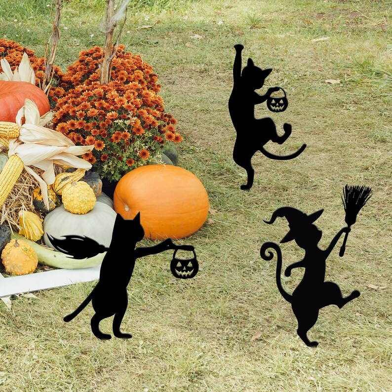 Halloween Cat Metal Yard Stake - Adorable Cat Sign