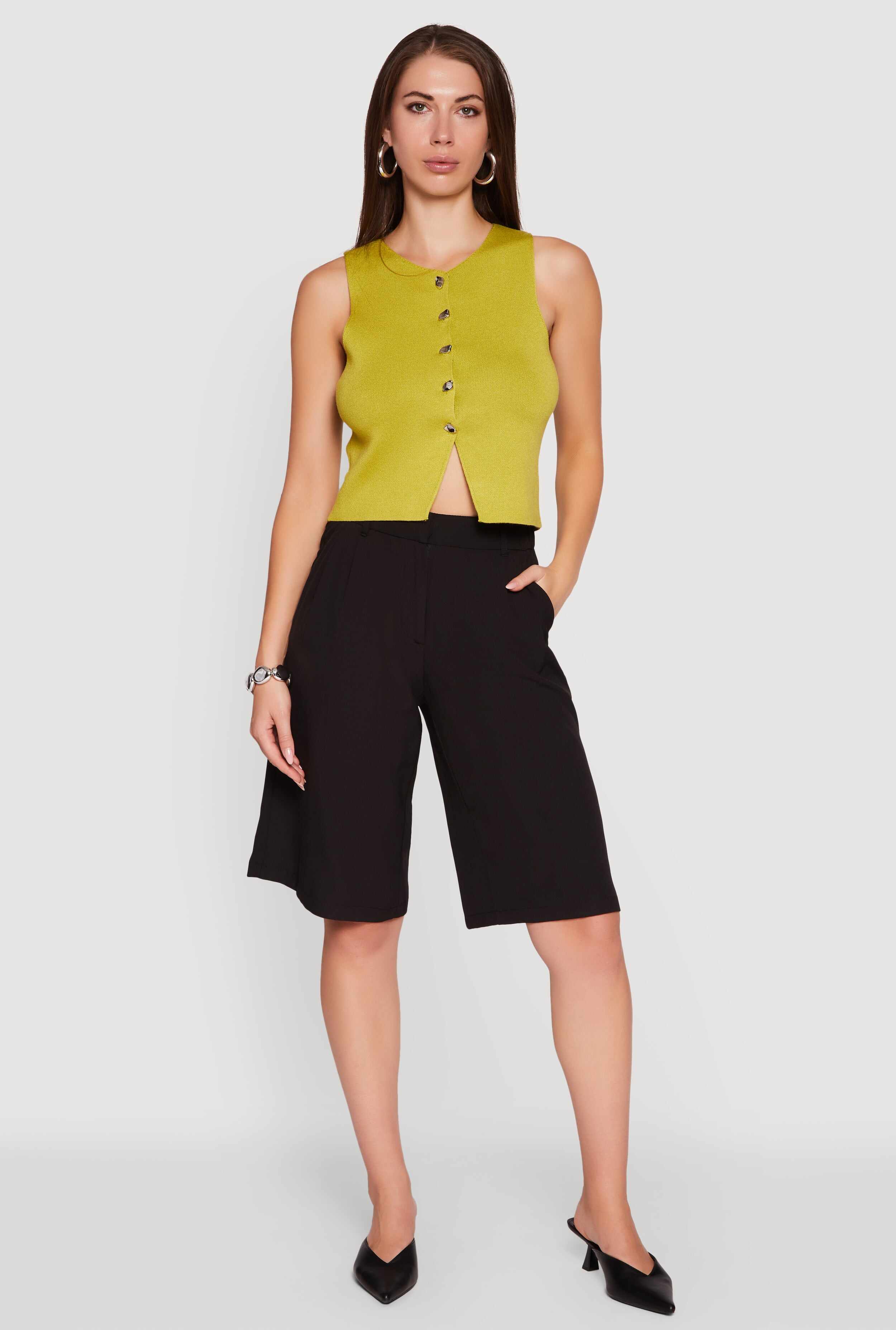 Metallic Button Front Sleeveless Sweater Vest