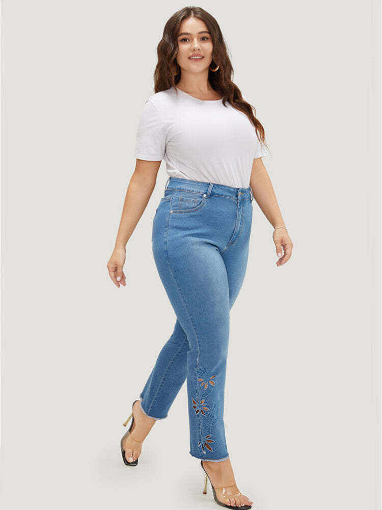 Very Stretchy High Rise Medium Wash Broderie Anglaise Jeans