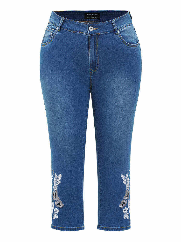 Very Stretchy High Rise Medium Wash Embroidered Cropped Jeans