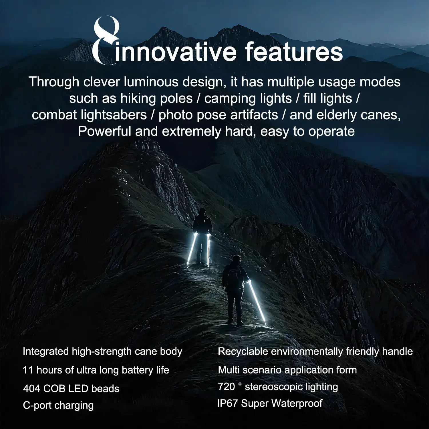 Laser Saber Style Trekking Poles - Non-Foldable Built-in LED Light Strip Hiking Sticks, Adjustable Waterproof Aircraft Aluminum with Anti-Slip Grip, Photo Ready for Night Hiking Camping Emergency Safety