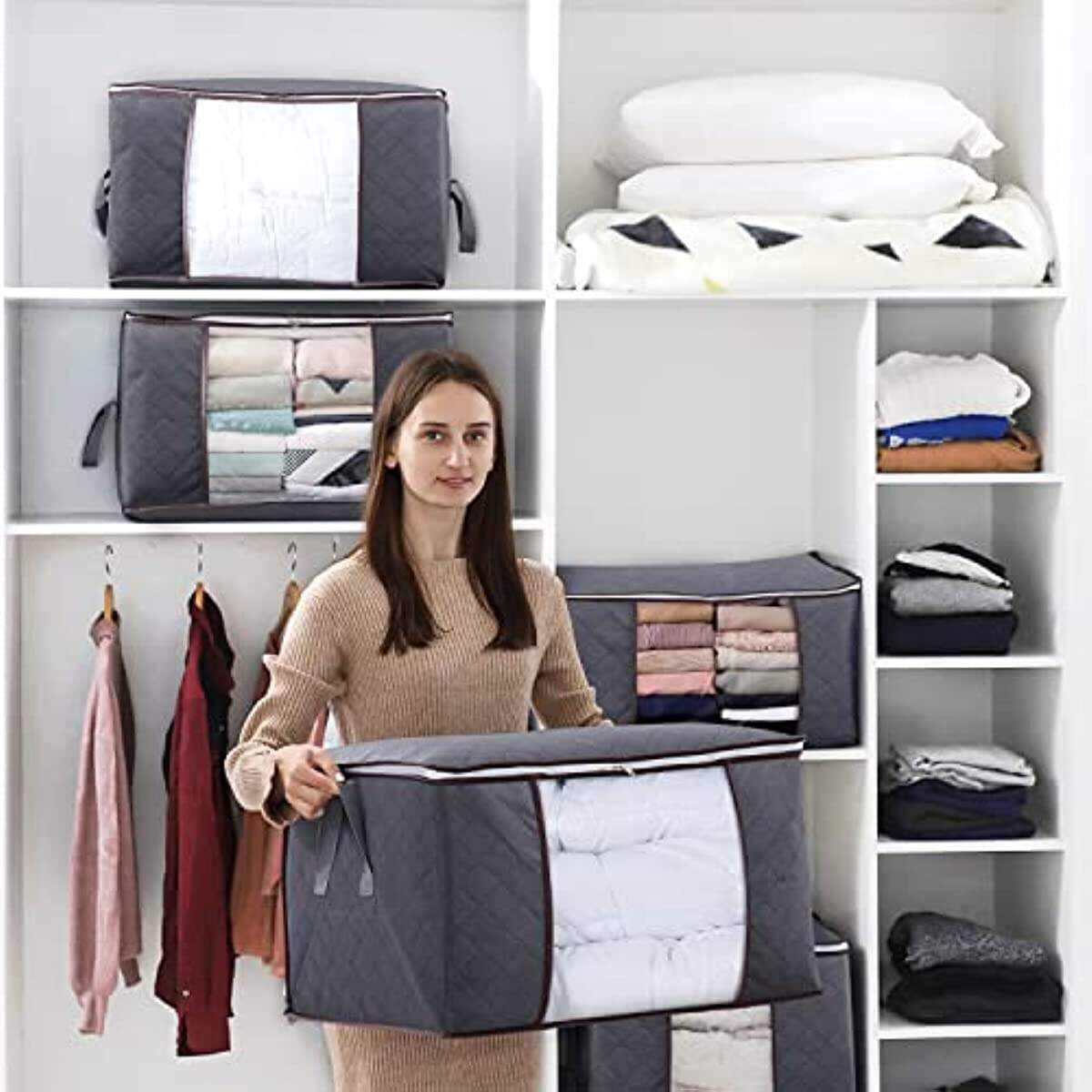 90L Large Storage Bags, 3 Pack Closet Organizers And Storage, Clothes Foldable Storage Bins With Reinforced Handles, Storage Containers For Clothing, Blanket, Comforters, Toys, Bedding, Grey