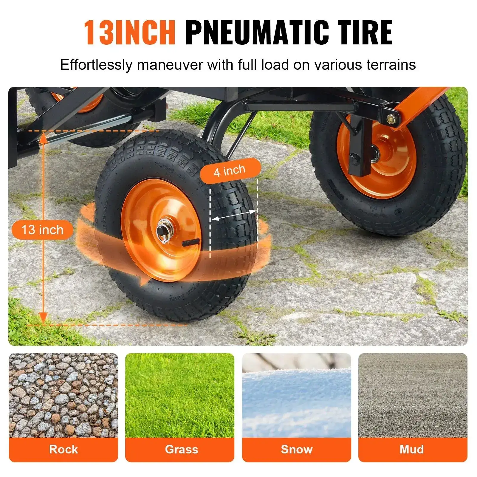 Polyethylene Garden Dump Cart – Features an easy-to-assemble steel frame, a 2-in-1 convertible handle, and 13-inch tires; 1,500 lb maximum load capacity.