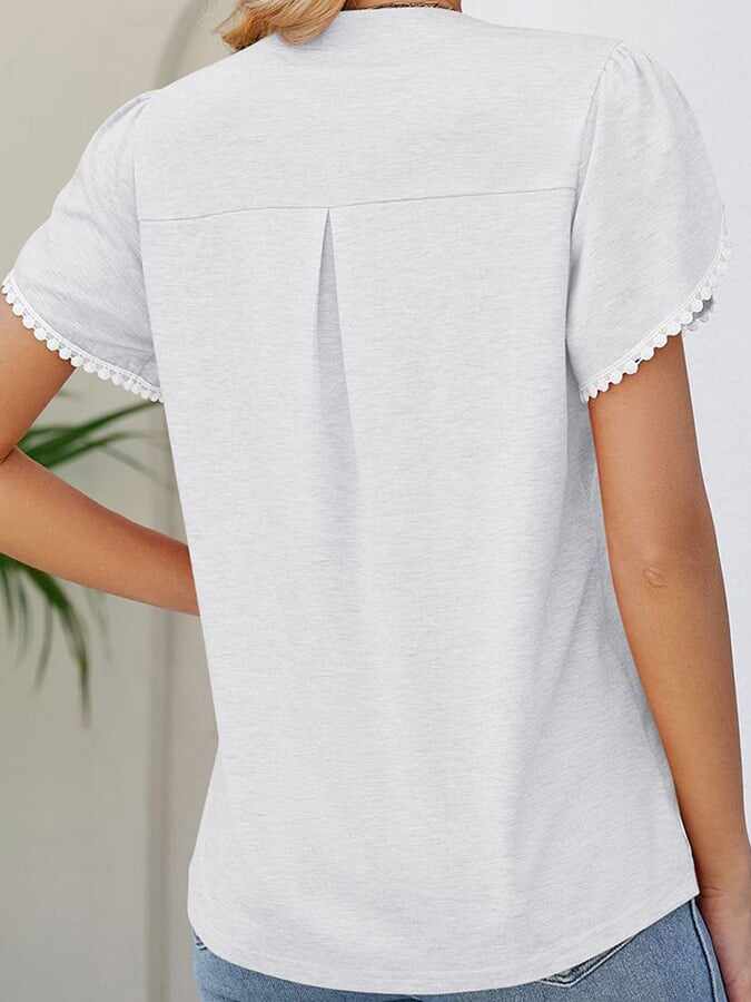 Solid V-neck Lace Short Sleeve Casual Top