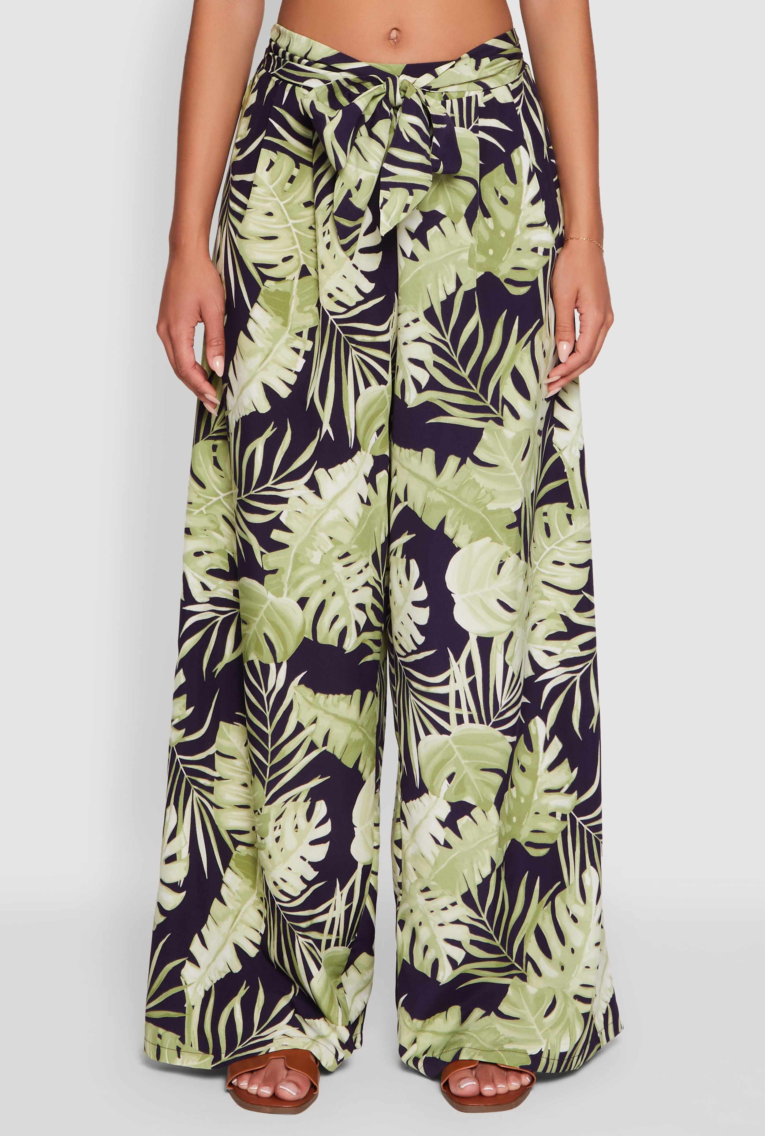 Iris Floral Wide-Leg Palazzo Pants with Tie Waist Belt