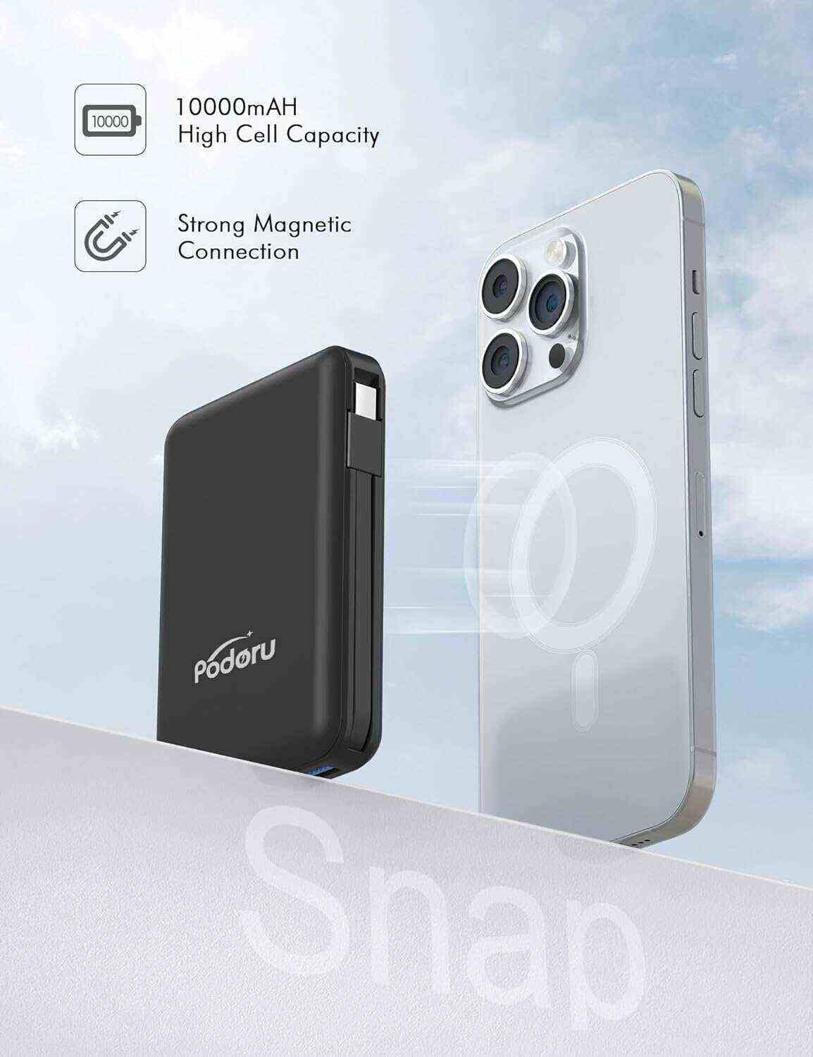 podoru Wireless Portable Charger, 10000mAh Magnetic Power Bank Built-in USB-C Lighting Cables 22.5W PD Fast Charging LED Display Mag-Safe Battery Pack for iPhone 15/14/13/12/Mini/Pro/Pro Max - White