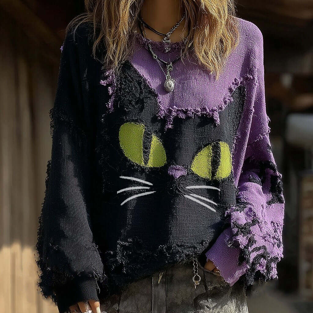 Halloween Black Cat Art Patch Contrast Color Crew Neck Sweatshirt