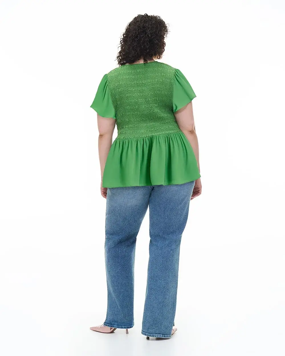Blouse with Smocking, Short Flutter Sleeves - Addition Elle