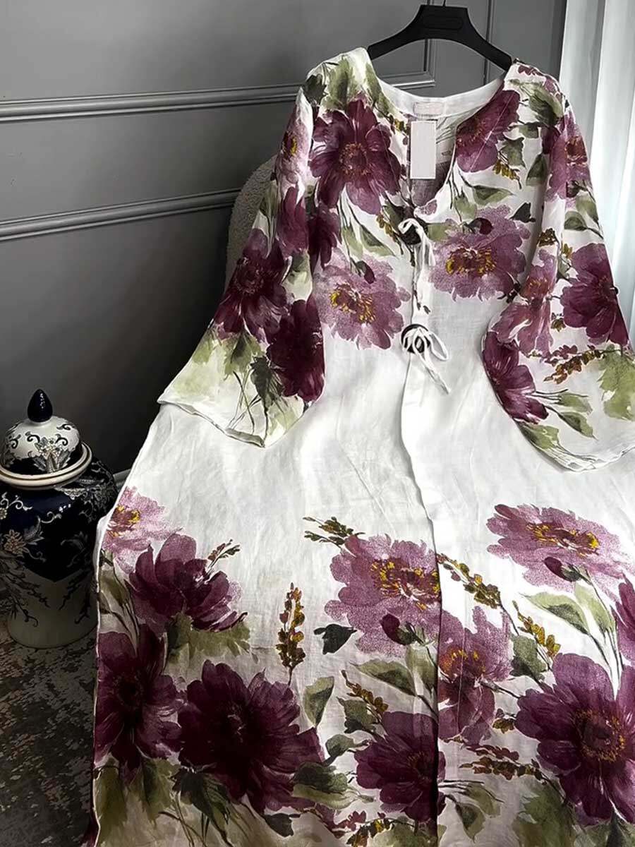 🔥Summer Arrivals🌟Women's V-neck Long Sleeve Vintage Positioning Print Casual Loose Cotton and Linen Dress