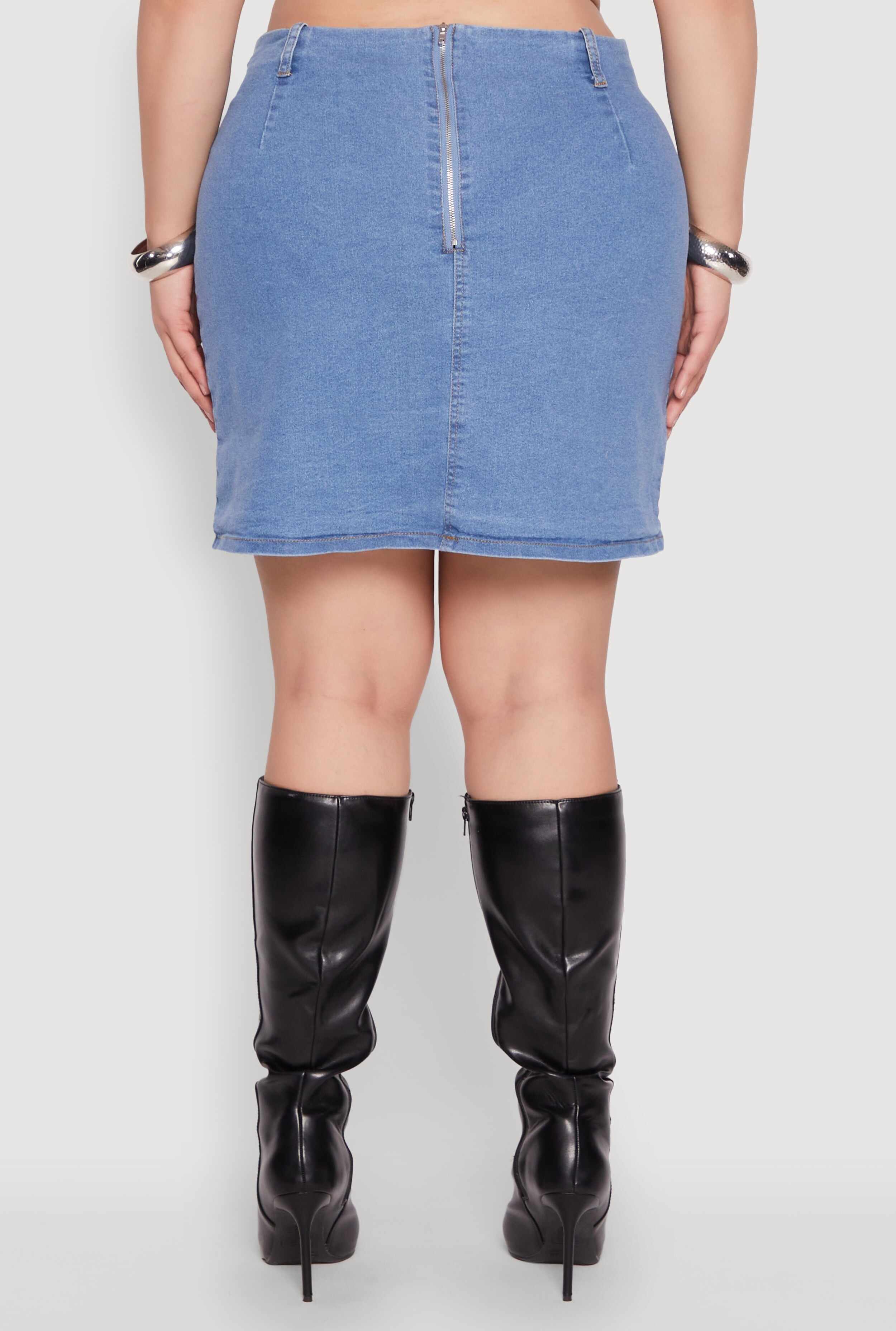 Plus Size Zip Back Belted Front Denim Mini Skirt