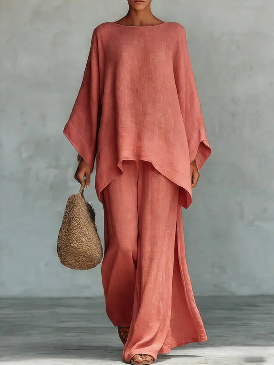 🔥Summer Arrivals🌟Women's Round Neck Long Sleeve Wide-leg Casual Irregular Hem Two-piece Pants Set