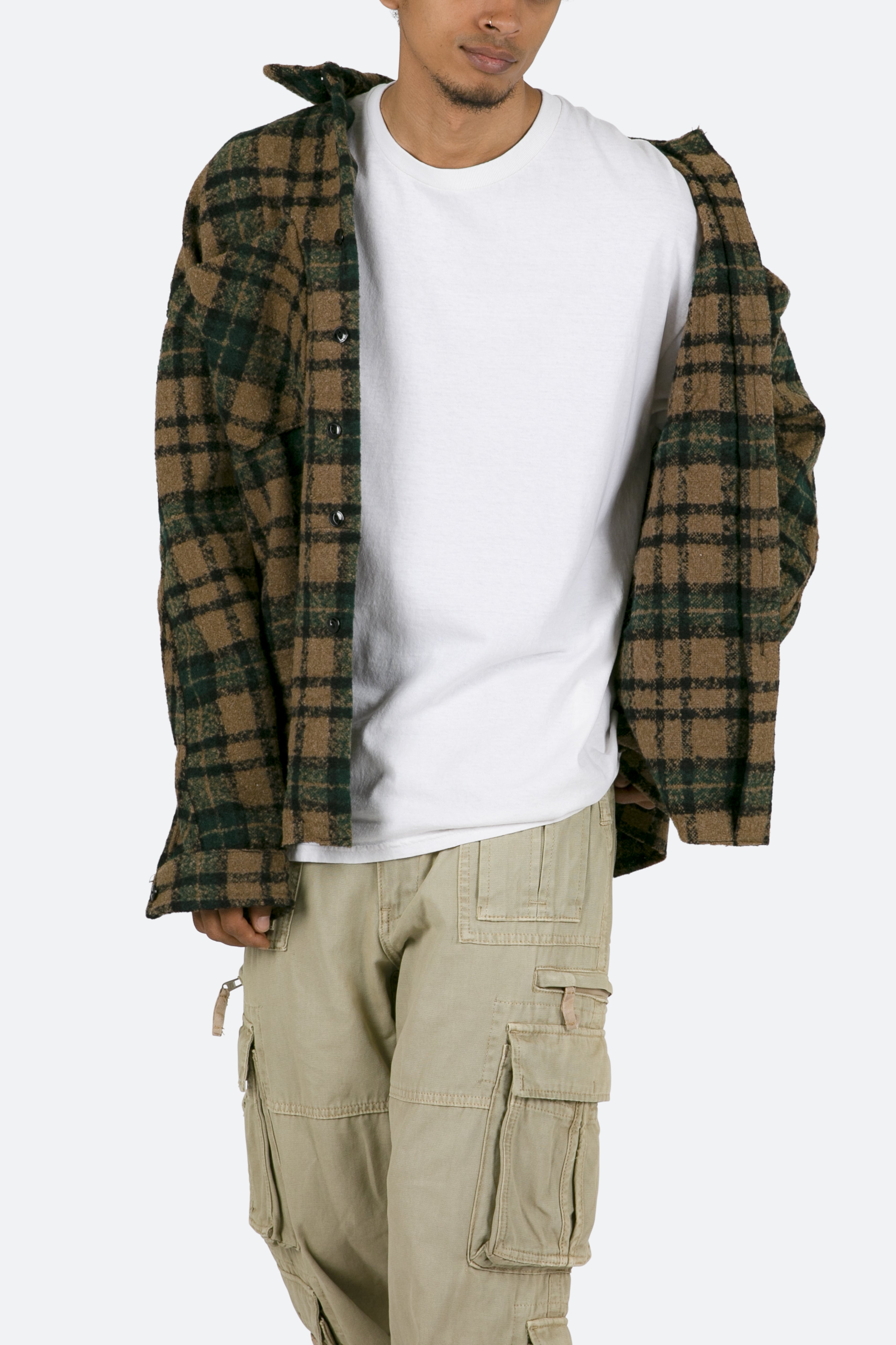 Loose Woven Flannel Shirt - Green/Black