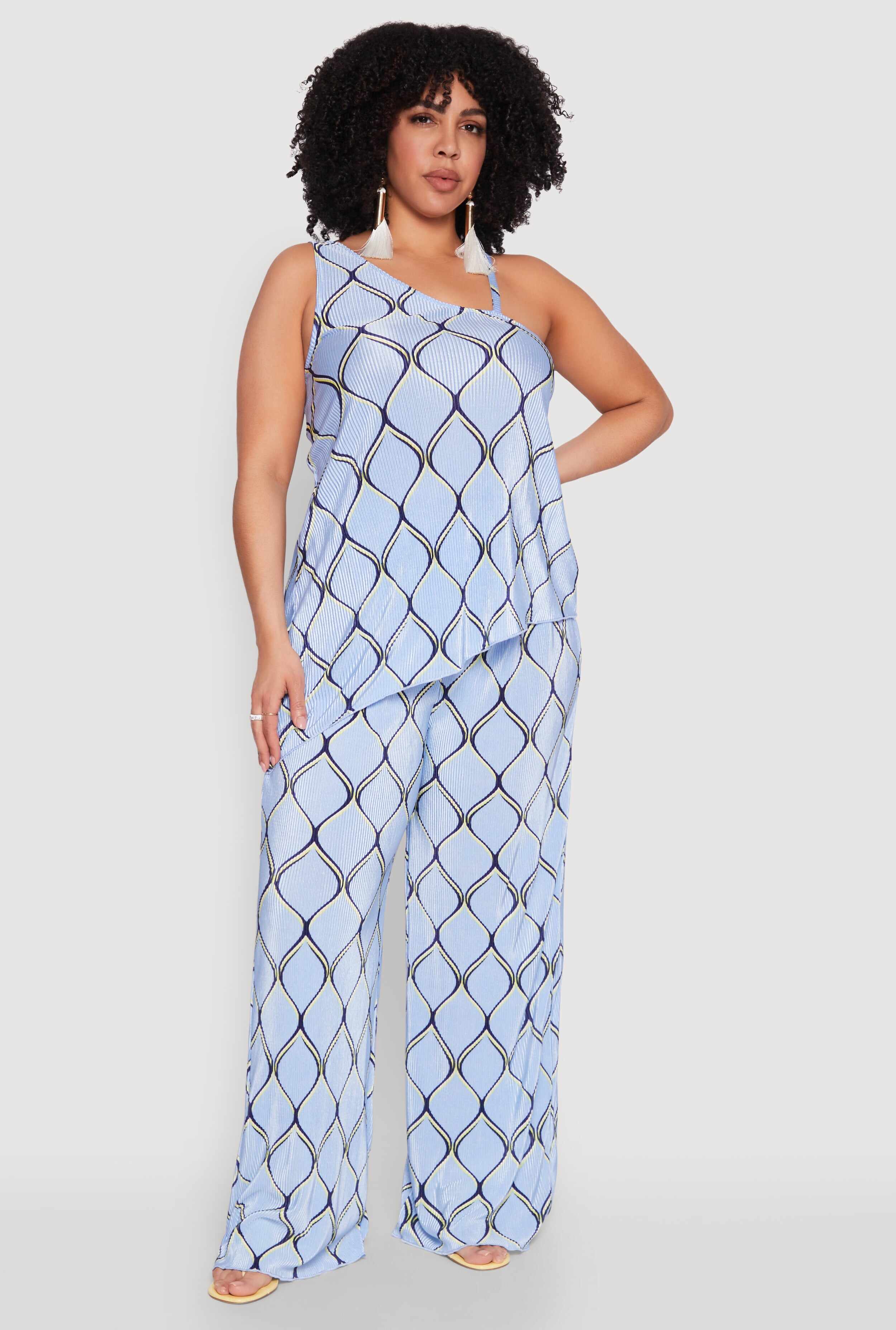 Plus Size Almost Famous Printed Plisse Wide Leg Pants