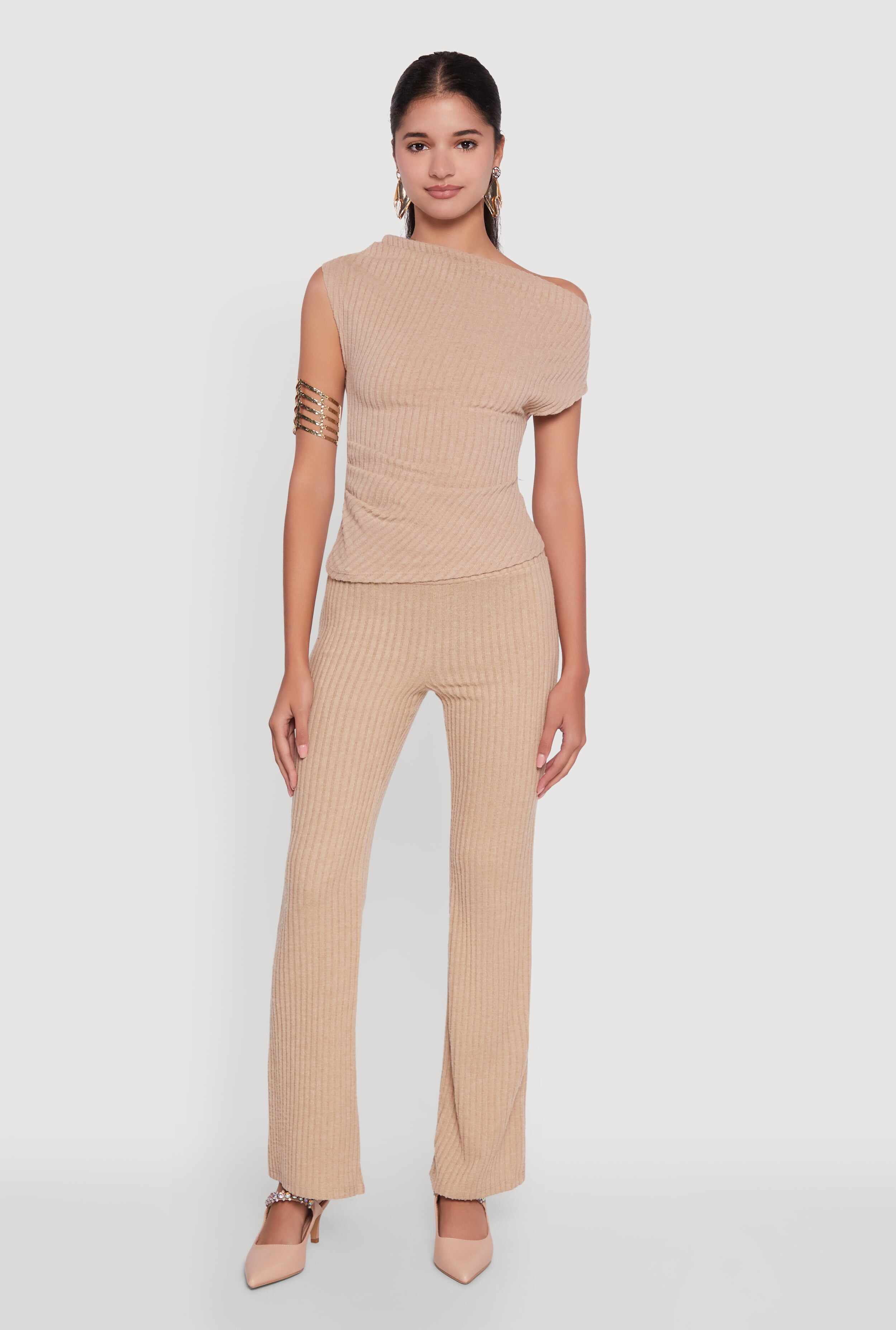 Ribbed Knit Solid One Shoulder Blouse