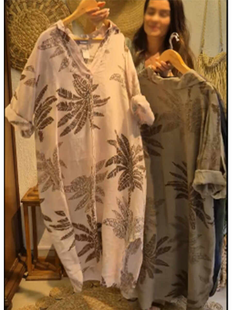 🔥Summer Arrivals🌟Casual Leaf Print Linen And Cotton Dress