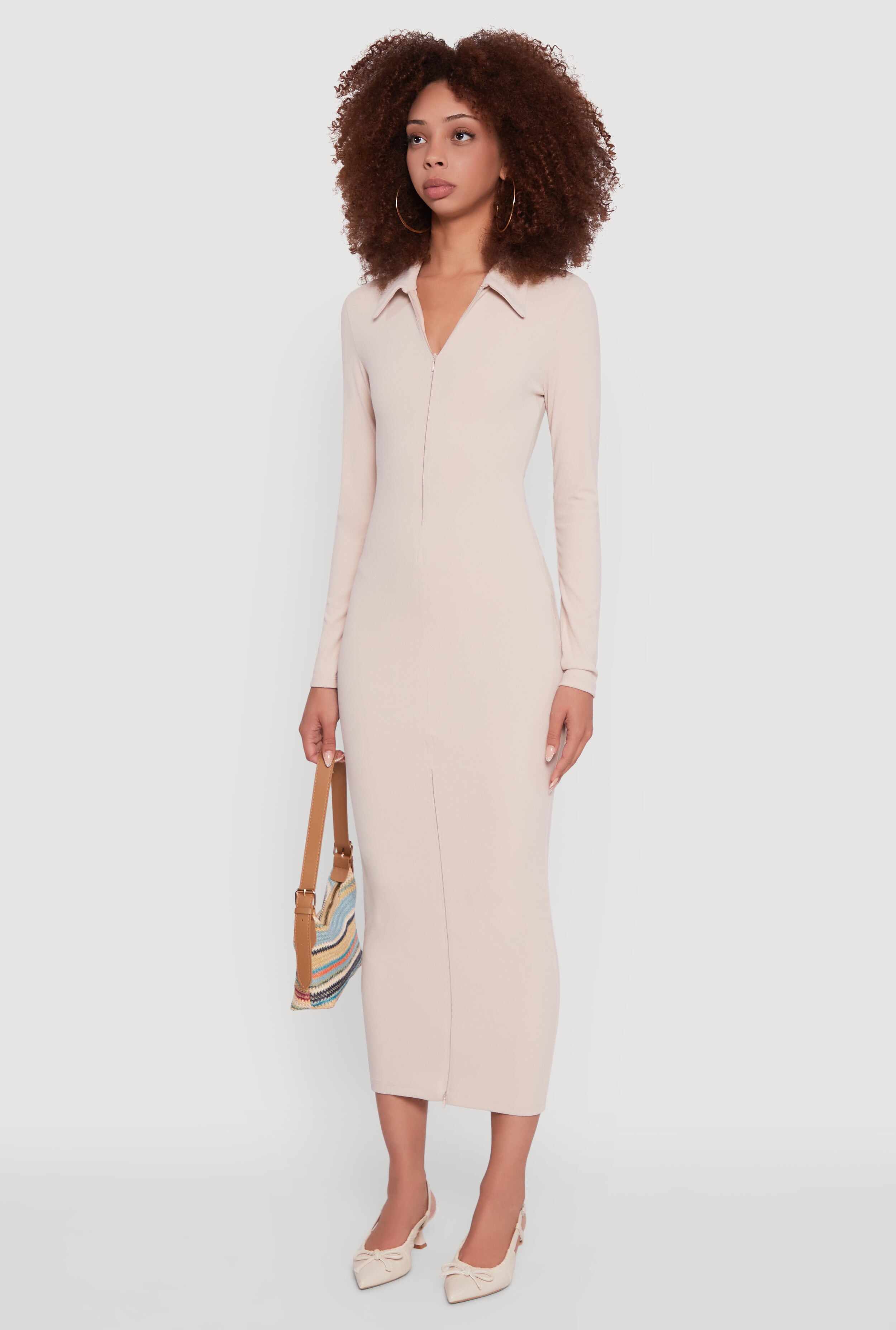 Collared Double Zip Front Midi Dress