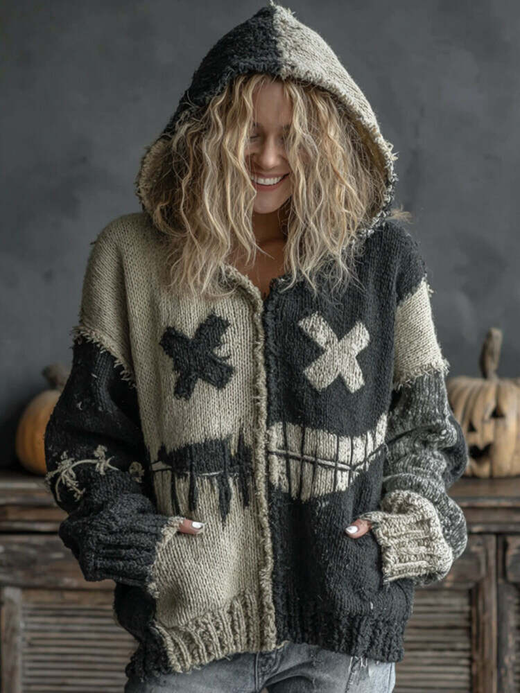 Halloween Spooky Face Patchwork Art Cozy Knit Hooded Cardigan