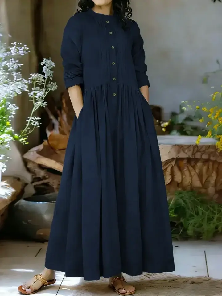 🔥Summer Arrivals🌟Women's Solid Color Stand-collar Long-sleeved Loose-fitting A-line Cotton Dress