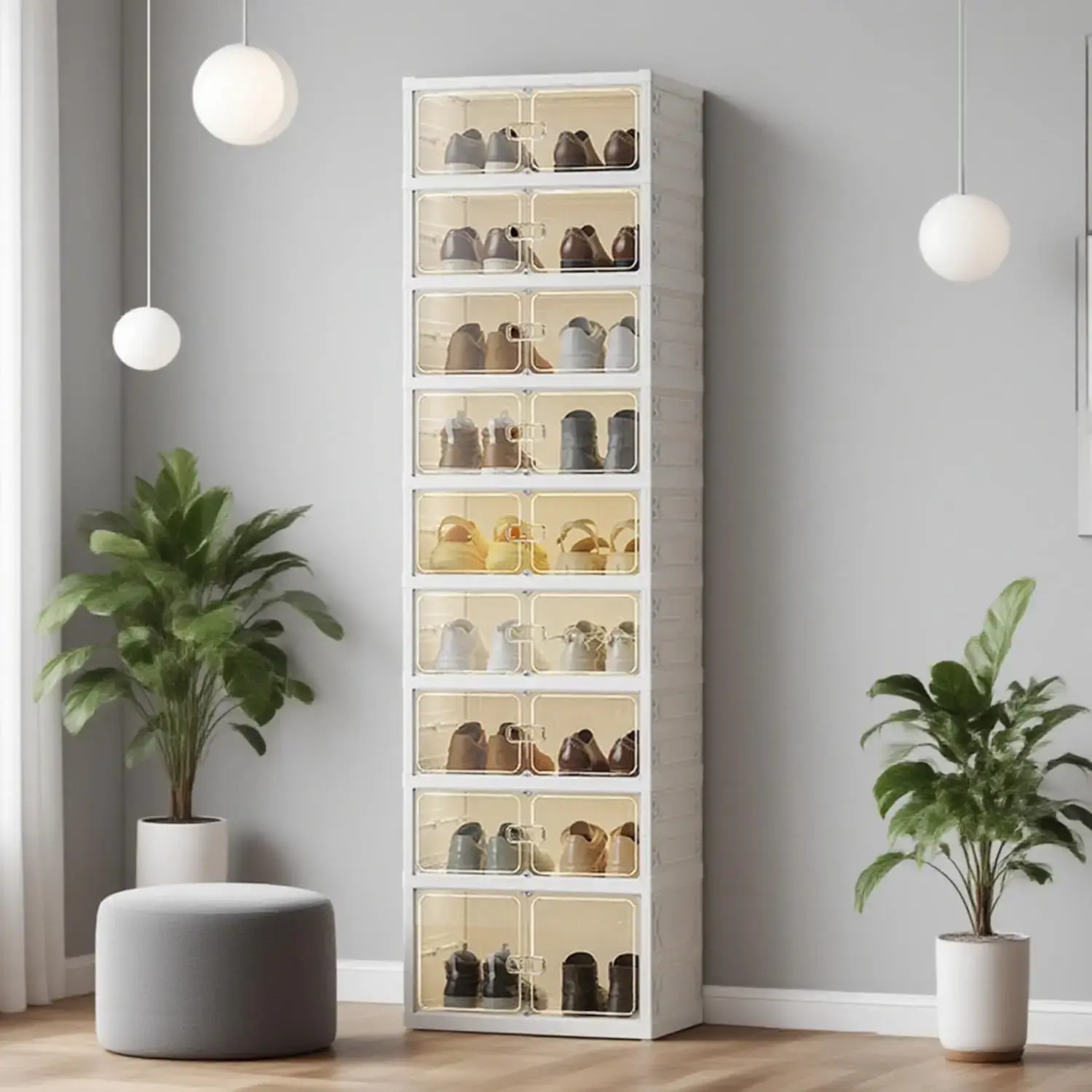 UFORU folding shoe rack, magnetic transparent door shoe cabinet, 9 layers, can store 18 pairs of shoes, simple design, large capacity, sturdy and stackable plastic shoe cabinet, space-saving, no installation required, convenient and practical.