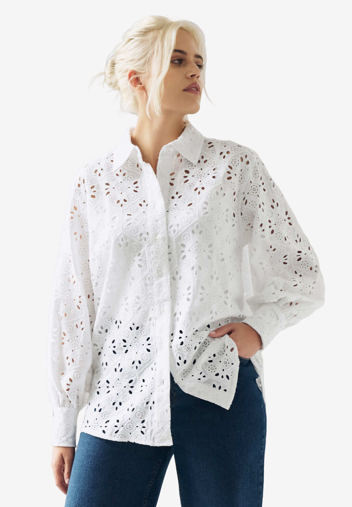 Eyelet Button Front Shirt With Blouson Sleeves