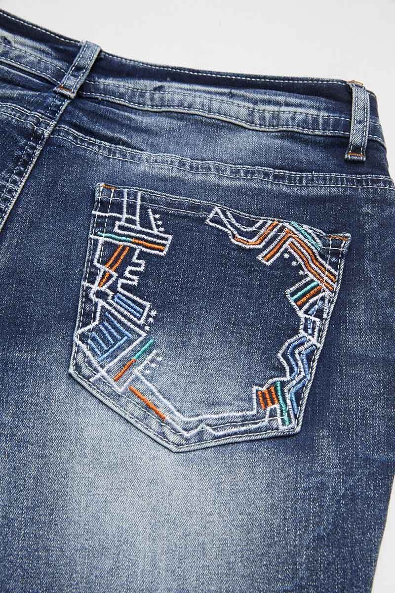 Embroidered Wash High Stretch Low Waist Capri Jeans